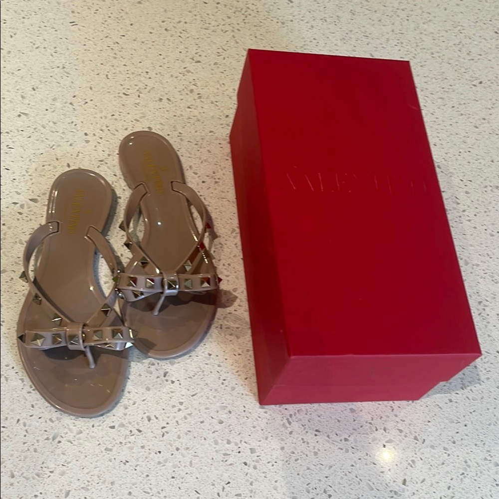 Valentino Studded Tan Jelly Sandals with T-Strap Design